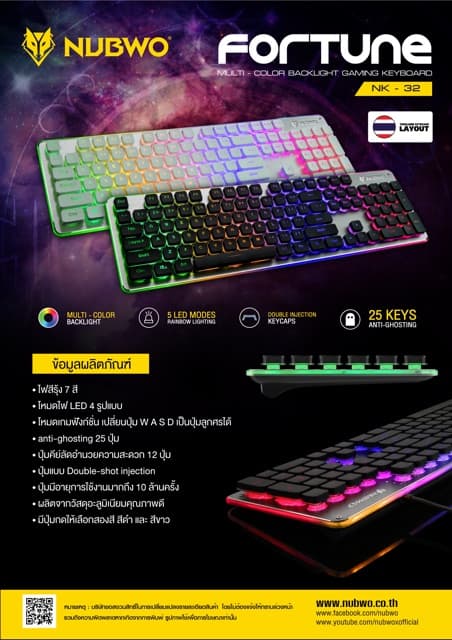 คีย์บอร์ดเกมมิ่ง NUBWO NK32 คีย์บอร์ด เกมมิ่ง Rubber Dome Switch FORTUNE ประกันศูนย์ 1 ปี รูปที่ 7