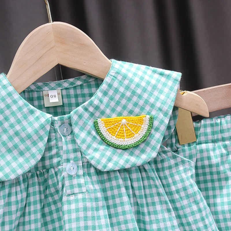 Babyonline I2 ชุดเซ็ต2ชิ้นเสื้อกางเกงขาสั้นสำหรับเด็กผู้หญิงลายสก็อต ผ้าฝ้าย รูปที่ 7