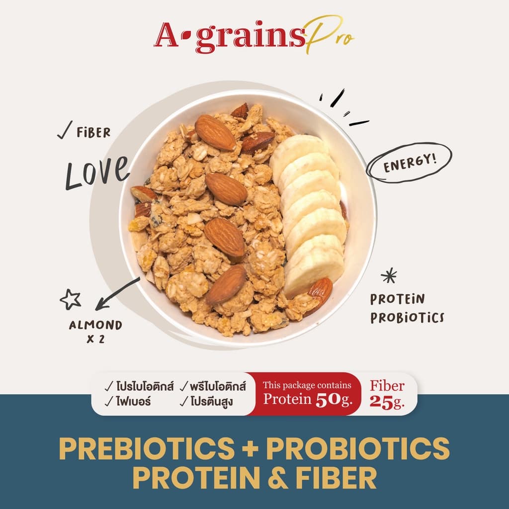 A-grains Pro กราโนล่าโปรตีน ผสมโปร/พรีไบโอติกส์ รสอัลมอนด์บัตเตอร์ บรรจุ ถุงละ 250g รูปที่ 5