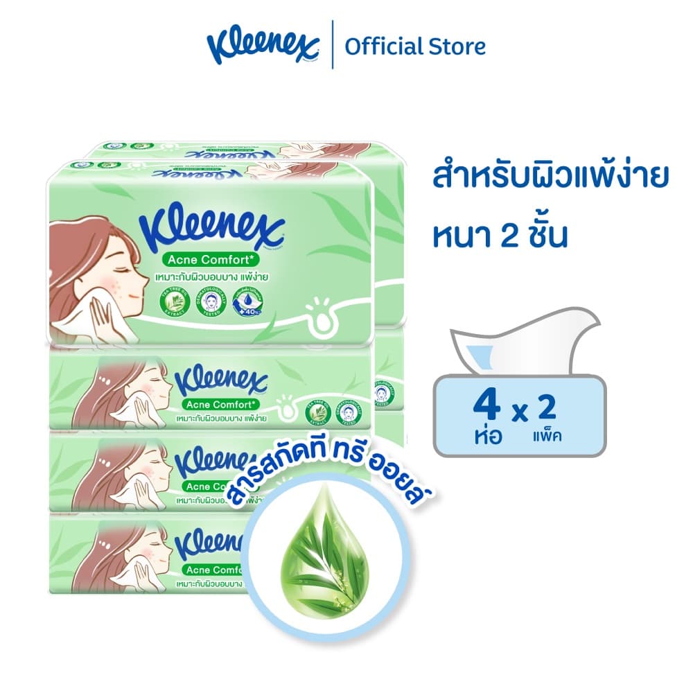 คลีเน็กซ์ กระดาษเช็ดหน้าแอคเน่ คอมฟอร์ท ซอฟท์ เคส 100 แผ่น แพ็ค 4 ห่อ Kleenex Facial Tissue Acne Comfort เลือกจำนวนได้