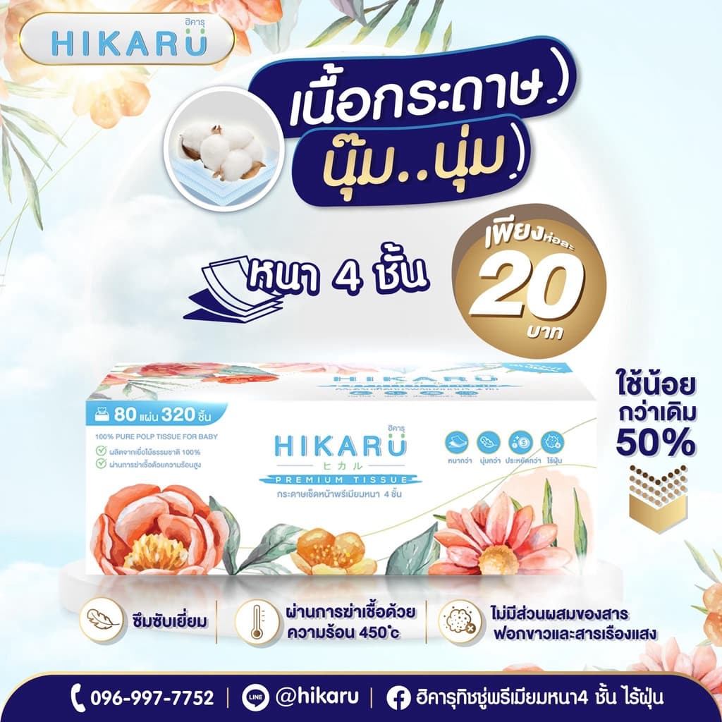 ฮิคารุทิชชู่พรีเมียมหนา 4 ชั้น ไร้ฝุ่น 1แพ็คหูหิ้ว 5ห่อ ปรับขนาดใหม่ ใหญ่กว่าเดิม รูปที่ 4