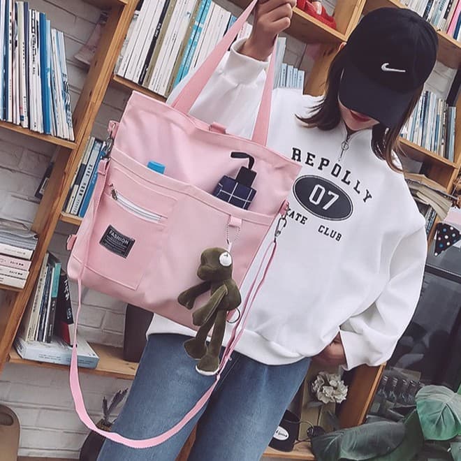 tokyosellected กระเป๋าผ้าสีพื้นช่องใส่ของเยอะ รูปที่ 3