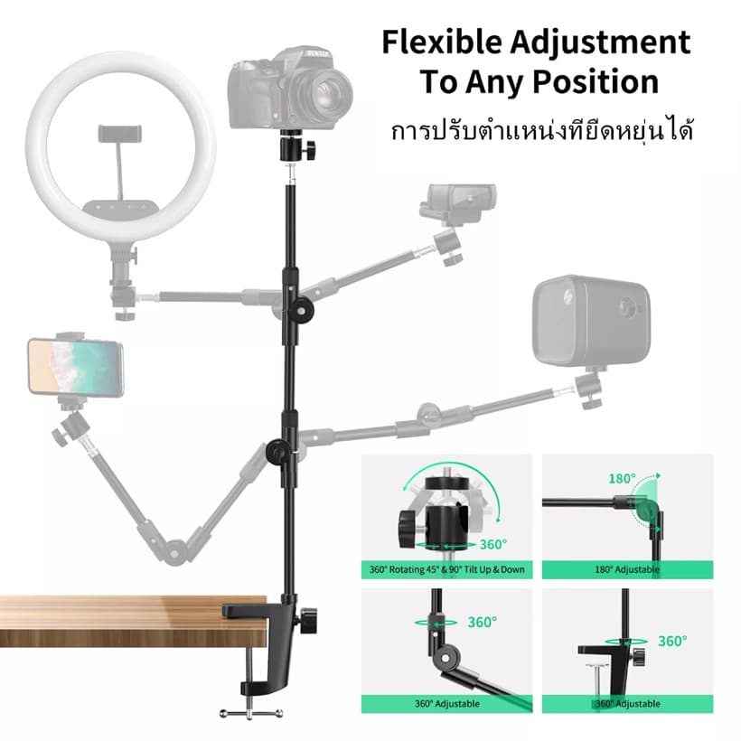 25นิ้วเว็บแคมขาตั้งอุปกรณ์ติดกล้องกับที่วางโทรศัพท์แบบยืดหยุ่น Gooseneck ที่หนีบโทรศัพท์มือถือ & โปรเจ็คเตอร์ตั้งโต๊ะ รูปที่ 5