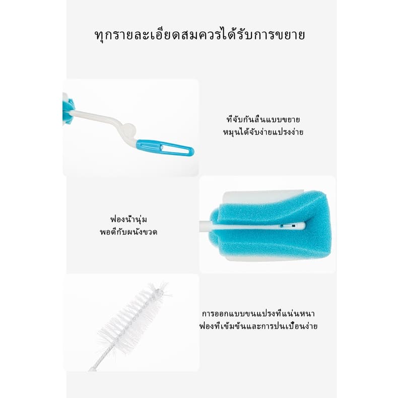 เซ็ต 5 ชิ้น ชุดแปรงล้างขวด จุกนม ด้ามหมุน ฟองน้ำ แปรงล้างขวดนม ชุดสุดคุ้ม รูปที่ 6