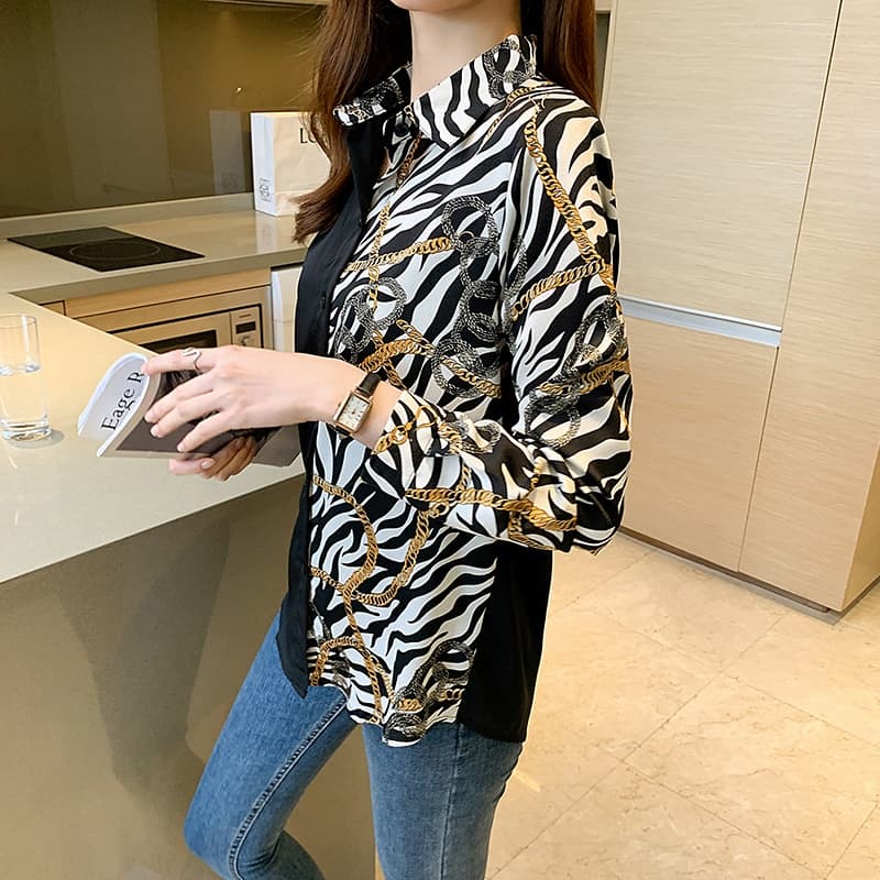 เสื้อเชิ้ตแฟชั่นผู้หญิง สีดำ ลายทาง มีขนาดสาวอวบ อก 48 46 42 40 38 36 ทูโทน รูปที่ 4