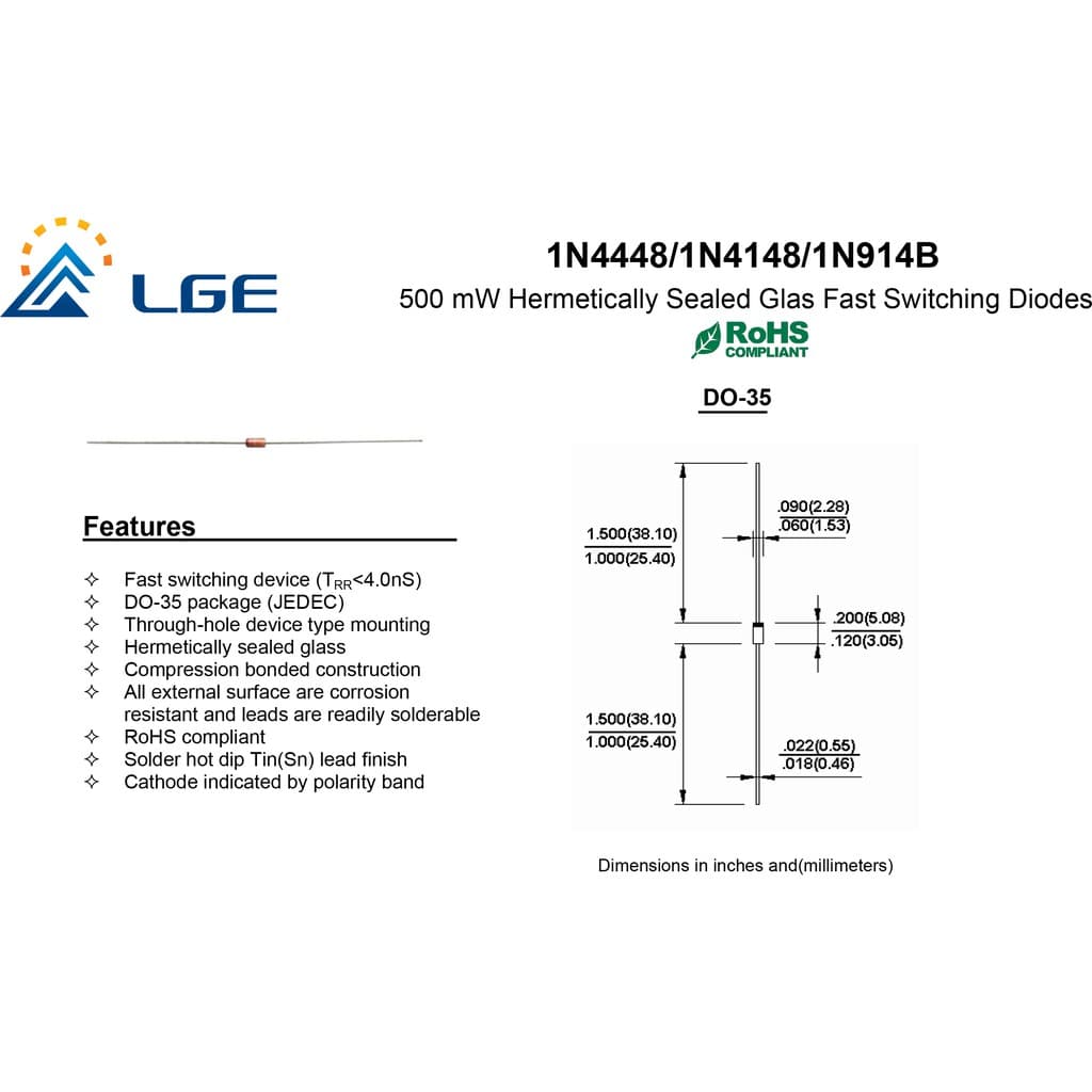 LGE Diode ไดโอด 1N4148 10/100ชิ้น Sealed Glass Fast Switching 500mV DO-35 รูปที่ 2