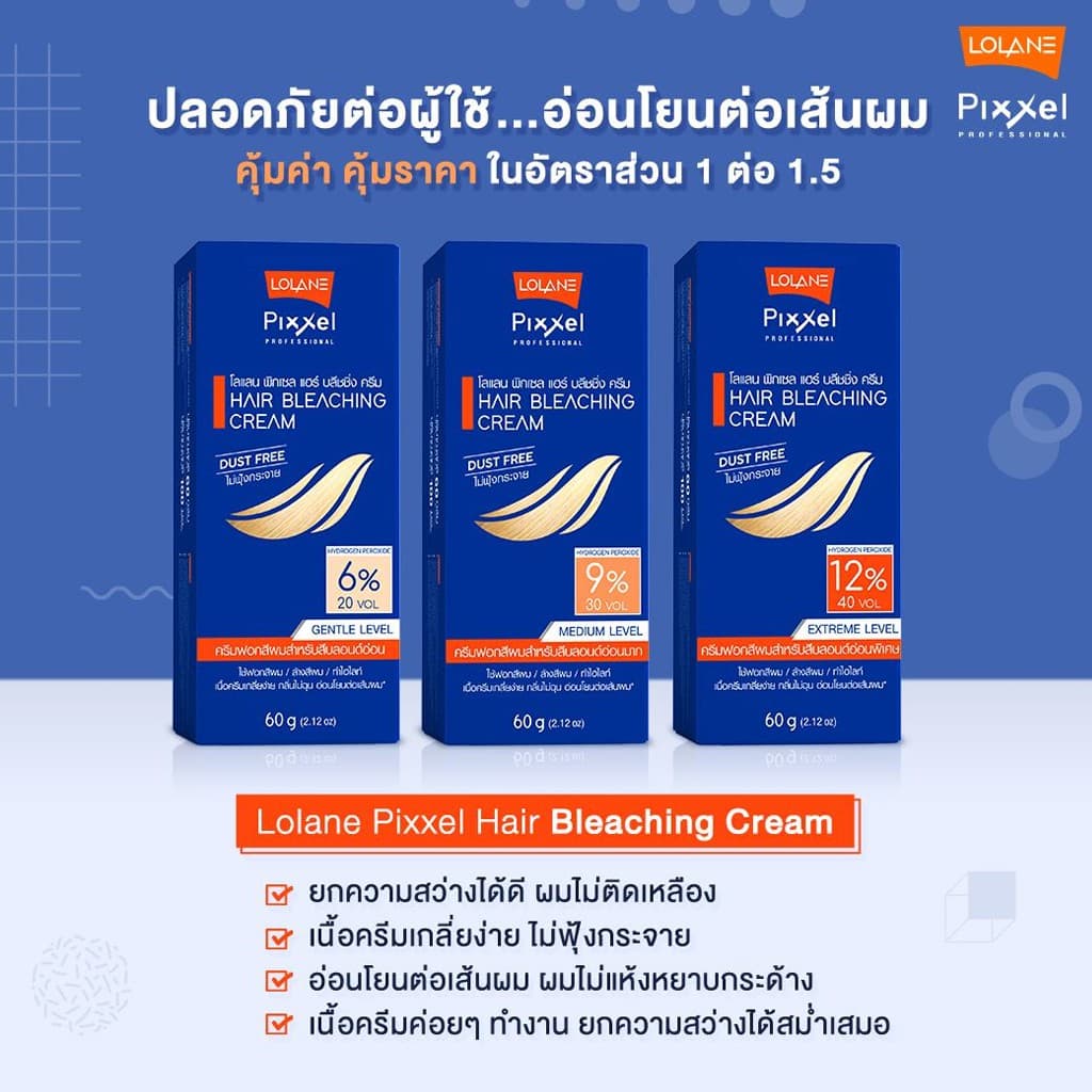 ชุดกัดสีผม ครีมฟอกสีผม โลแลน พิกเซล แฮร์ บลิชชิ่ง ครีม Lolane Pixxel Hair Bleaching Cream 60 g รูปที่ 7
