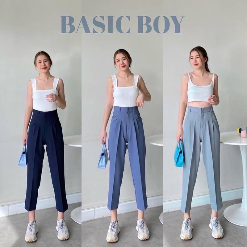 𝐁𝐀𝐒𝐈𝐂 𝐁𝐎𝐘กางเกงทรงบอย8ส่วน ผ้าเปเป้A80ยืดหยุ่นกำลังดี กางเกงทำงานเอวสูงพรางหุ่นใส่สบาย ใส่ได้ทุกโอกาส รูปที่ 3