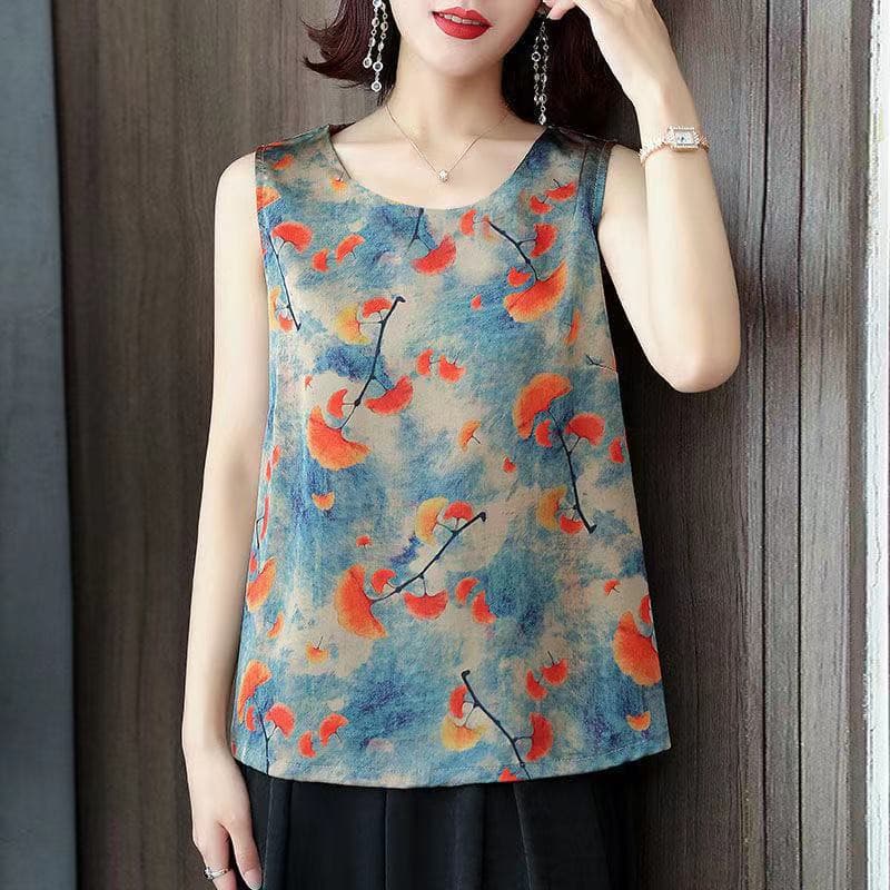 รุ่น-324เสื้อกั๊กคอกลมสตรีเสื้อแขนกุดลายดอกไม้ผ้ายืด สวมใส่สบาย รูปที่ 1