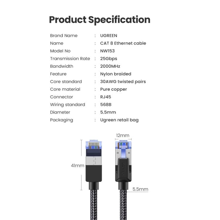 Ugreen 5m สายแลน เครือข่ายอีเธอร์เน็ต ไนลอนถัก Cat8 40Gbps 2000Mhz สําหรับแล็ปท็อป Ps 4 Router Rj45 รูปที่ 8