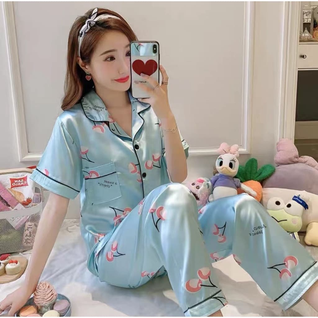 5555-1 SN ชุดนอนผู้หญิง น่ารักๆผ้าซาตินนิ่มใส่สบาย แขนสั้นขายาว สีสวยสด สไตล์เกาหลี รูปที่ 6