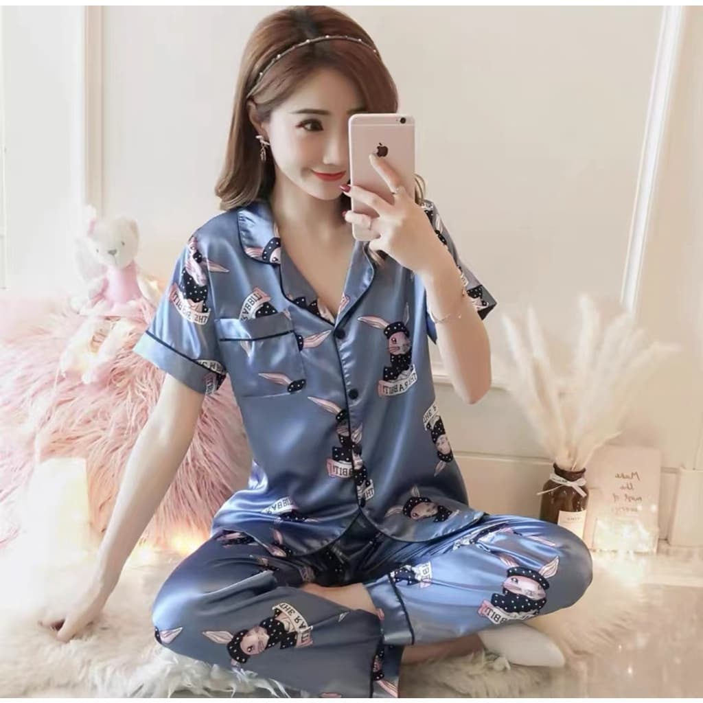 5555-1 SN ชุดนอนผู้หญิง น่ารักๆผ้าซาตินนิ่มใส่สบาย แขนสั้นขายาว สีสวยสด สไตล์เกาหลี รูปที่ 7