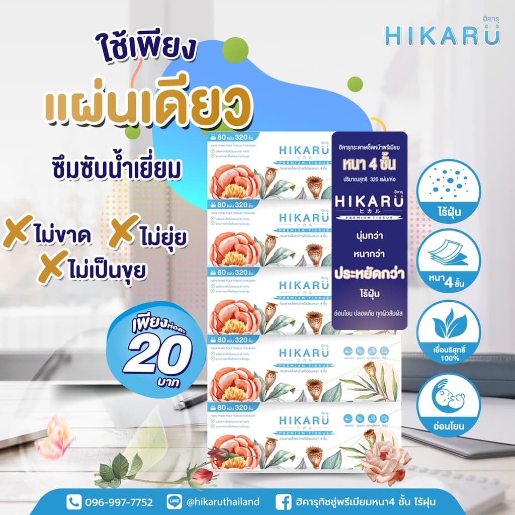ฮิคารุทิชชู่พรีเมียมหนา 4 ชั้น ไร้ฝุ่น 1แพ็คหูหิ้ว 5ห่อ ปรับขนาดใหม่ ใหญ่กว่าเดิม รูปที่ 1