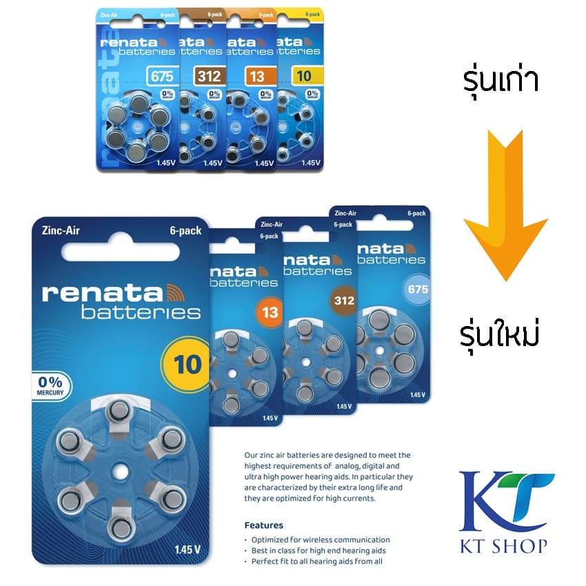 ถ่านเครื่องช่วยฟัง Renata 675 แพ็ค 6 ก้อน ถ่านหูฟัง 675 ถ่านเบอร์ 675 รูปที่ 2