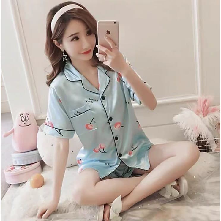 802 เสื้อนอนคอปกแขนสั้นขาสั้นผ้าซาตินนิ่มใส่สบายสีสด รูปที่ 8