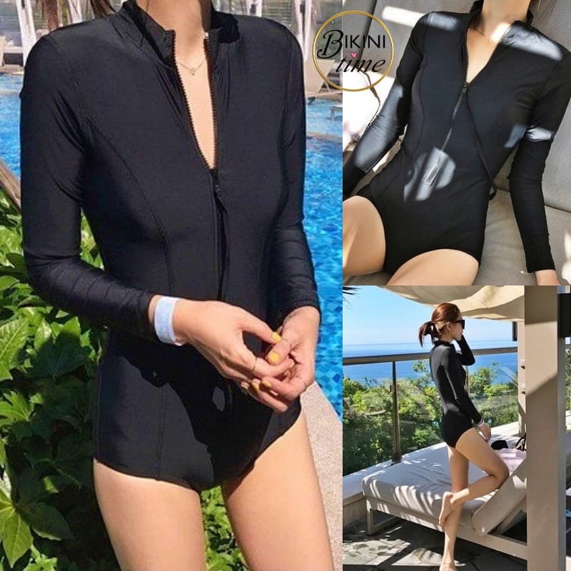 BikiniTime SB62 ชุดว่ายน้ำวันพีซ สีดำแขนยาว ชุดว่ายน้ำกันแดด ชุดว่ายน้ำดำน้ำ ซิปหน้า ผ้าว่ายน้ำแท้ บิกินี่ รูปที่ 1