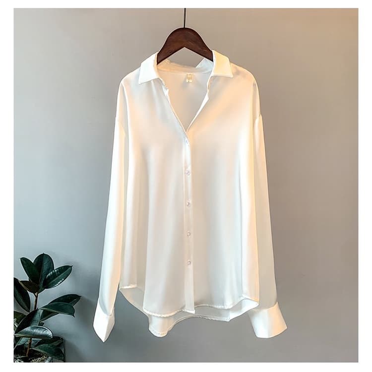 MM001 เสื้อเชิ้ตใส่ทำงาน เสื้้อเชิ๊ตสีดำ แขนยาวผ้าซาติน สไตล์เกาหลี ใส่ทำงาน สำหรับผู้หญิง รูปที่ 4