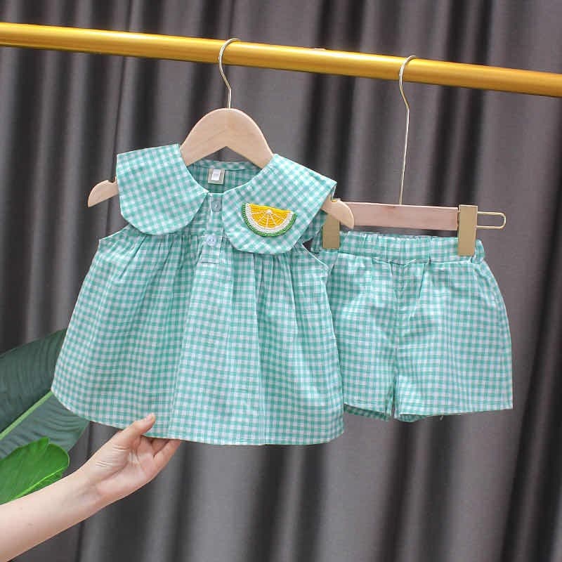 Babyonline I2 ชุดเซ็ต2ชิ้นเสื้อกางเกงขาสั้นสำหรับเด็กผู้หญิงลายสก็อต ผ้าฝ้าย รูปที่ 2