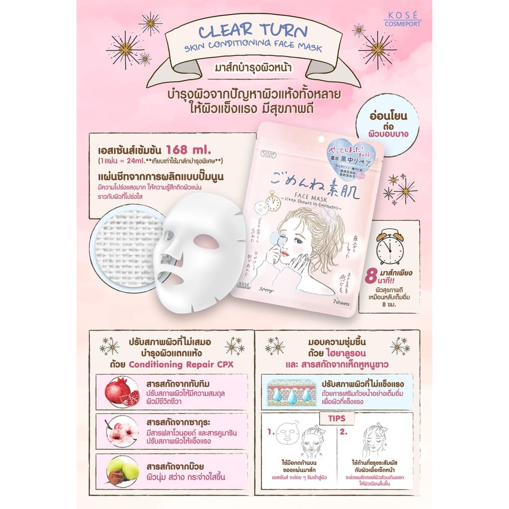 MORITOMO Official - CLEAR TURN Skin Conditioning Face Mask 7 sheets / มาส์กบำรุงผิวหน้า ชุ่มชื้นด้วยกรดไฮยาลูรอน รูปที่ 5