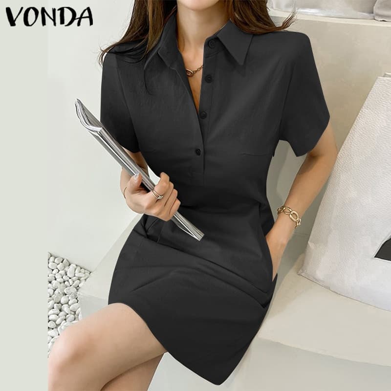 Vonda ชุดมินิเดรส คอปก แขนสั้น มีกระเป๋า สีพื้น สไตล์เกาหลี สําหรับผู้หญิง รูปที่ 7
