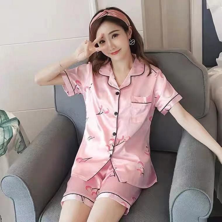 802 เสื้อนอนคอปกแขนสั้นขาสั้นผ้าซาตินนิ่มใส่สบายสีสด รูปที่ 6