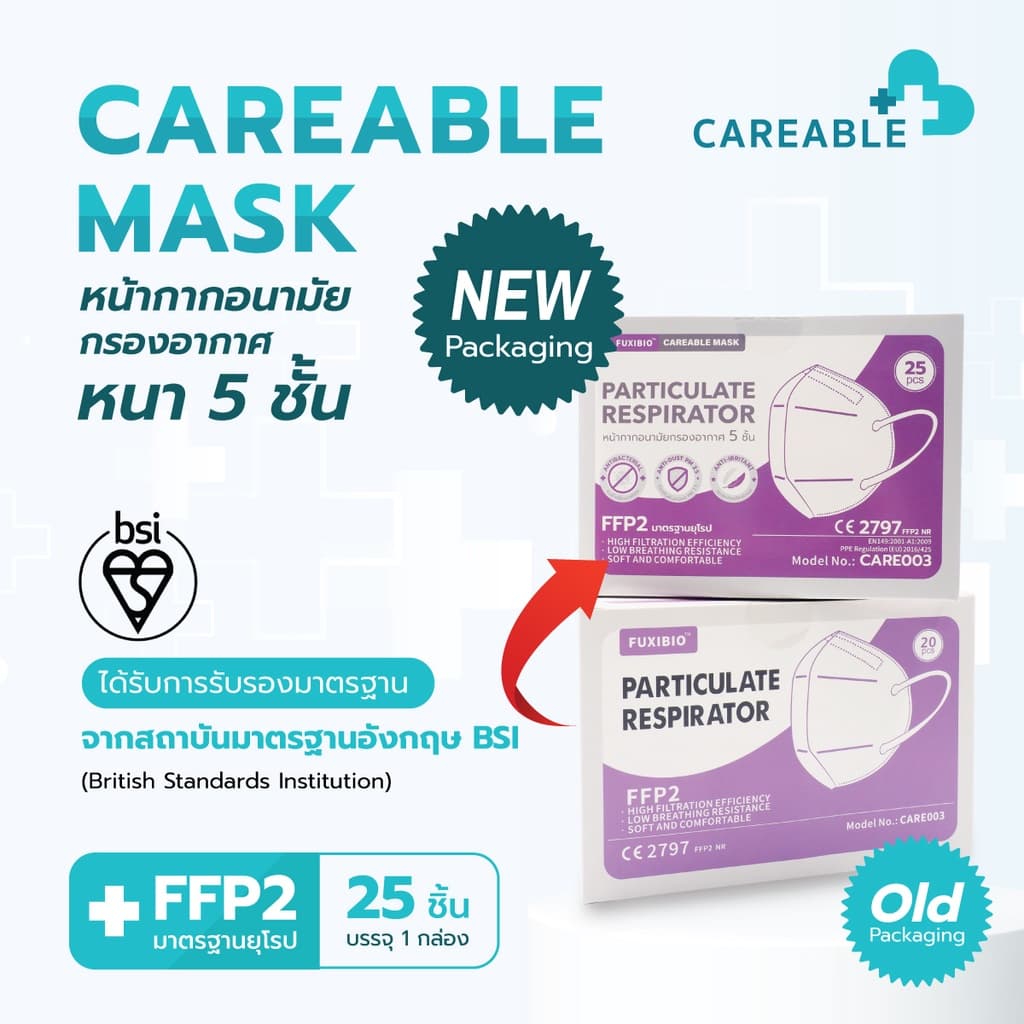 CAREABLE MASK หน้ากากอนามัยกรองอากาศ หนา 5 ชั้น FFP2 มาตรฐานยุโรปเทียบเท่า N95 รูปที่ 3