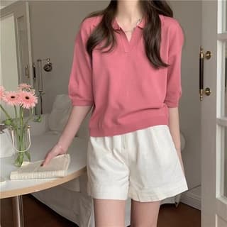 ส่งทันที Cici เสื้อแขนสั้นไหมพรม คอโปโล สีพื้น ผ้านิ่มใส่สบาย ดีไซน์เรียบๆ ทรงสวย สีสันสวย รูปที่ 4