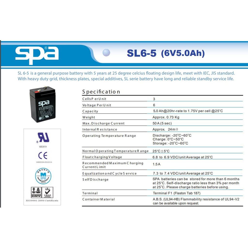 แบตเตอร์รี่ แบตแห้ง -แบตเตอรี่สำรองไฟ 6V 5Ah 'Spa' รูปที่ 4