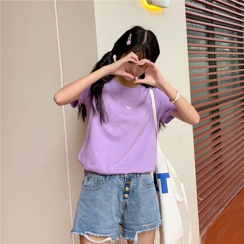 SHOP MKLเสื้อยืดแฟชั่นสตรี แขนสั้น คอกลม ปักลายหัวใจ ทรงหลวม #9117 รูปที่ 8