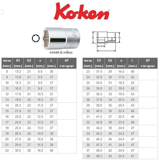 Koken 4405M ลูกบ๊อก 1/2" 12 เหลี่ยม สีขาว เบอร์ 6 - 38 มม. ลูกบล็อค Made in Japan รูปที่ 2