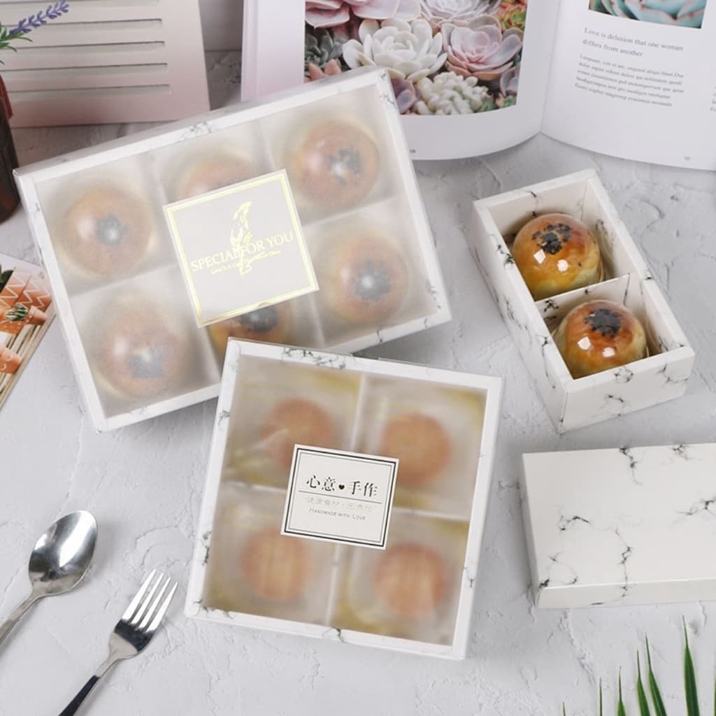 กล่องใส่ขนม /ขนมเปี๊ย แบ่งช่อง ฝาปิดแบบเลื่อน สีขาวขุ่น มี 6 สี ทั้งแบบ 2 /4/6/8 ช่อง กระดาษดี หนาทนทาน รูปที่ 9