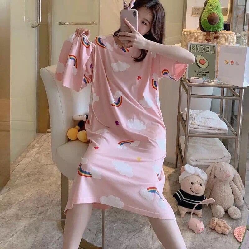ชุดนอนกระโปรงเดรส ชุดนอนผู้หญิง ชุดนอนผ้าคอตตอน แขนสั้น ฟรีไซส์ ไม่แถมถุงผ้าC1 รูปที่ 7