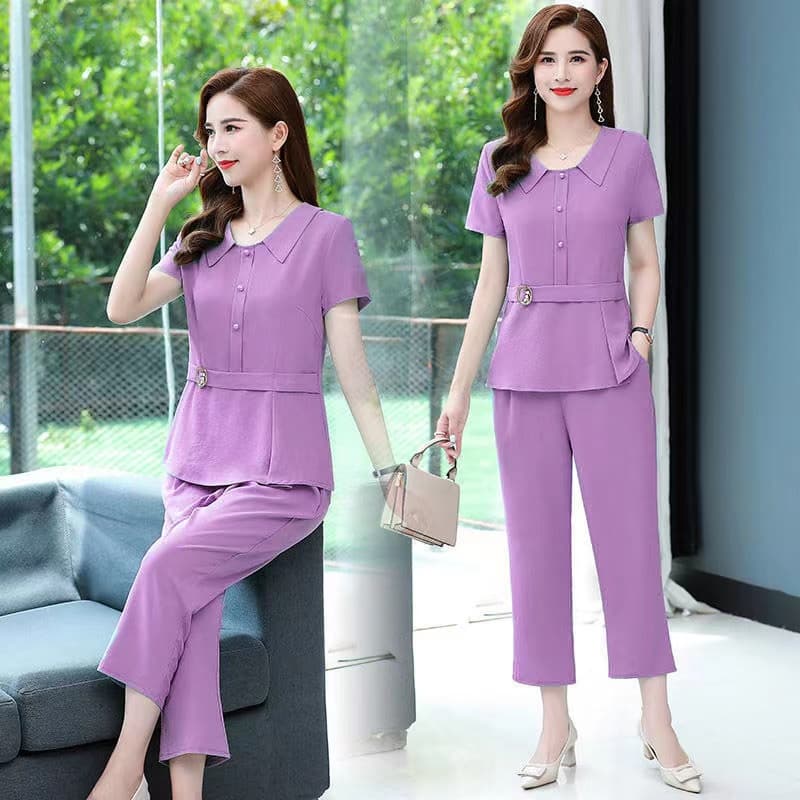 ชุดเซ็ทผู้หญิง 2ชิ้น สีพื้น เสื้อแขนสั้นคอปก+กางเกง9ส่วน เนื้อผ้านิ่ม หลวมใส่สบาย ชุดลำลอง ชุดทำงาน รูปที่ 2