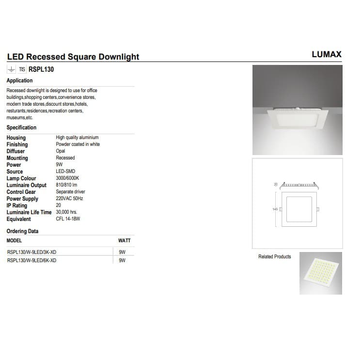 ดาวน์ไลท์แบบบาง Panel ทรงกลมและเหลี่ยม มีหลายขนาดให้เลือกสรร Lumax รูปที่ 8