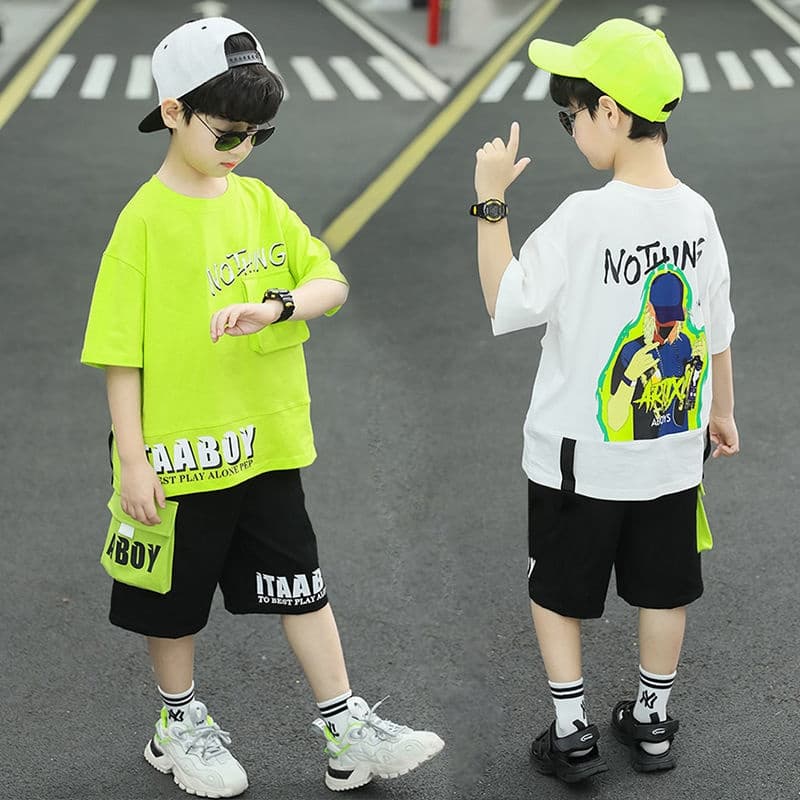Ones เสื้อผ้าเด็กสองชิ้นแขนสั้นเด็กชาย ชุดสูทแขนสั้นหล่อสไตล์เกาหลีใหม่ รูปที่ 4