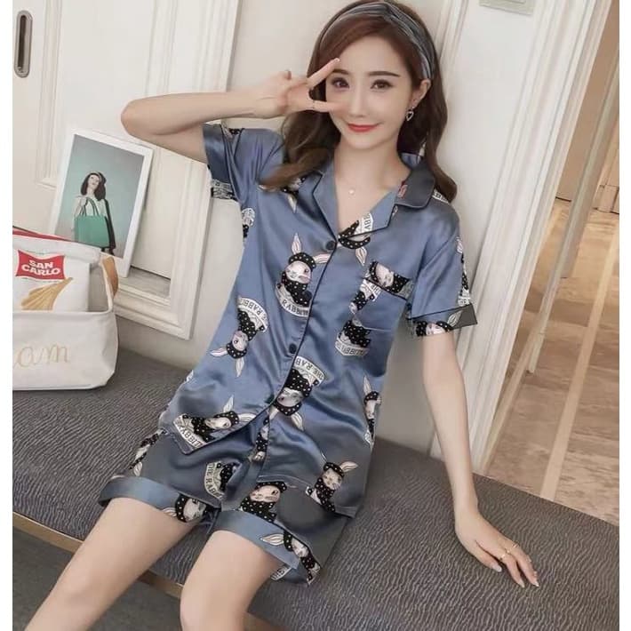 802 เสื้อนอนคอปกแขนสั้นขาสั้นผ้าซาตินนิ่มใส่สบายสีสด รูปที่ 3
