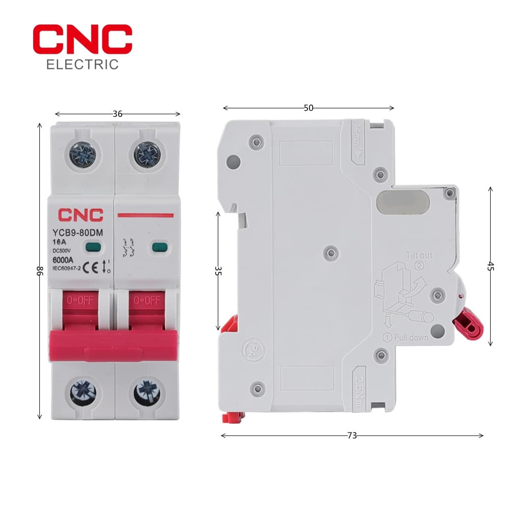 เบรกเกอร์วงจร CNC YCB9-80DM 2P DC MCB 6KA 500V 16A 20A 25A 32A 40A 50A DC MCB สําหรับระบบ PV รูปที่ 3