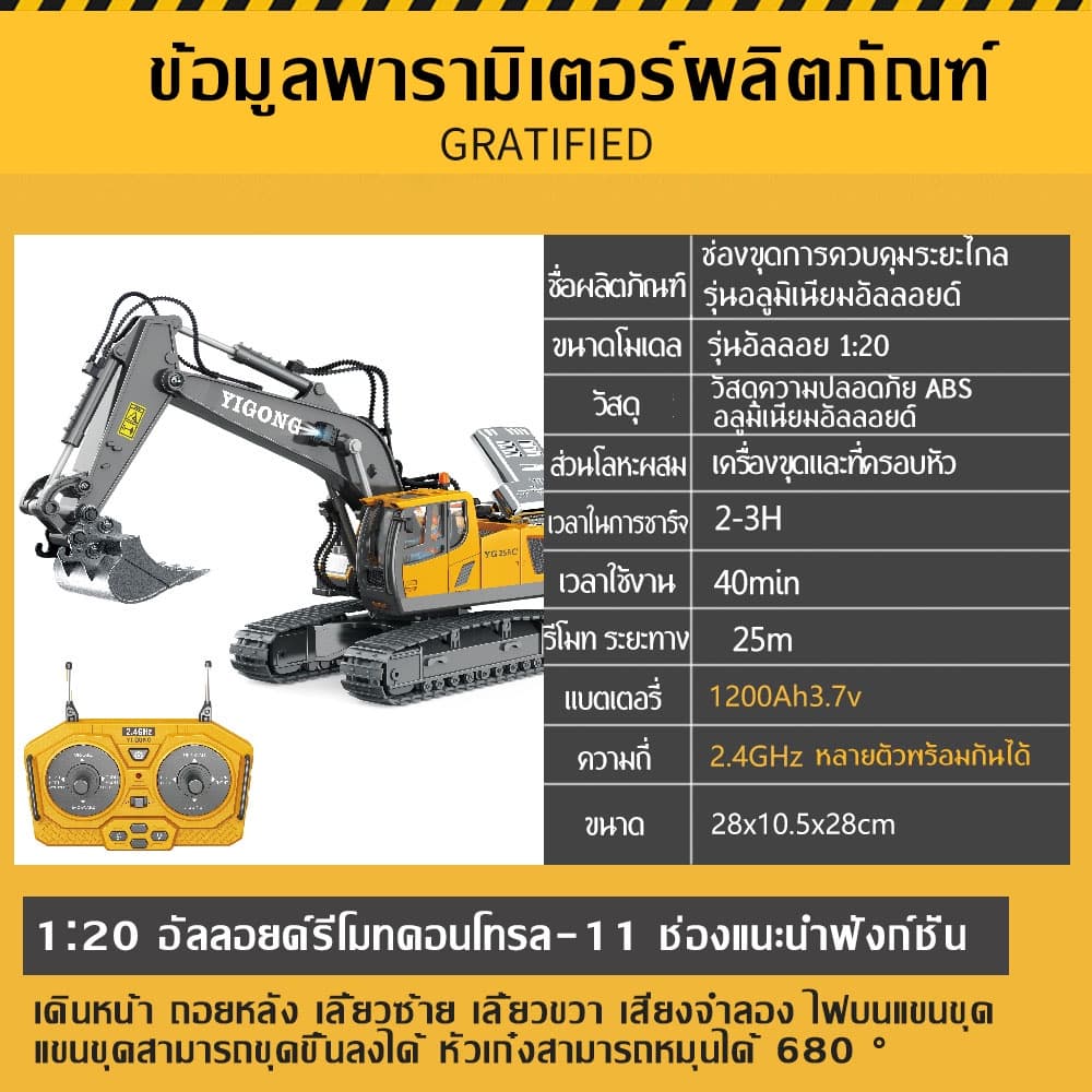 11channel alloy รถขุดบังคับ 2.4G รถบังคับ 1:20 วัสดุโลหะผสม รถแม็คโครบังคับ รถดั้มบังคับ รถของเล่นเด็ก แม็คโครบังคับ รูปที่ 2