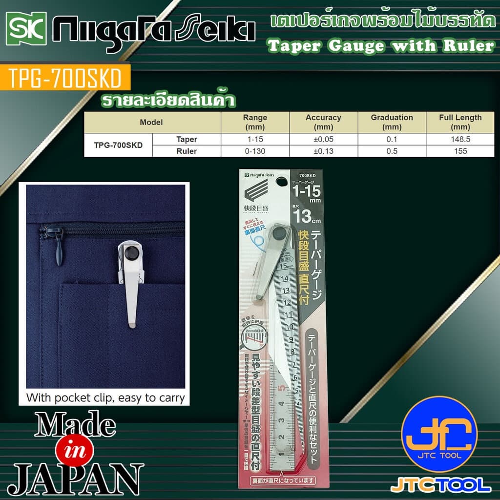 Niigata Seiki SK เตเปอร์เกจสเกลขั้นบันไดพร้อมไม้บรรทัด ขนาด 1 - 15มิล และ 0 - 130มิล รุ่น TPG-700SKD - Taper Gauge Ka รูปที่ 2