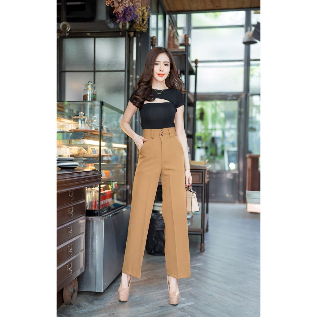 New!!GS01 กางเกงเอวสูง ทรงขากระบอกใหญ่ ผ้าเปเป้เกรดเอ ขายาวซิปหน้า กระดุม2เม็ด มีหูเข็มขัด ใส่ทำงาน รูปที่ 5