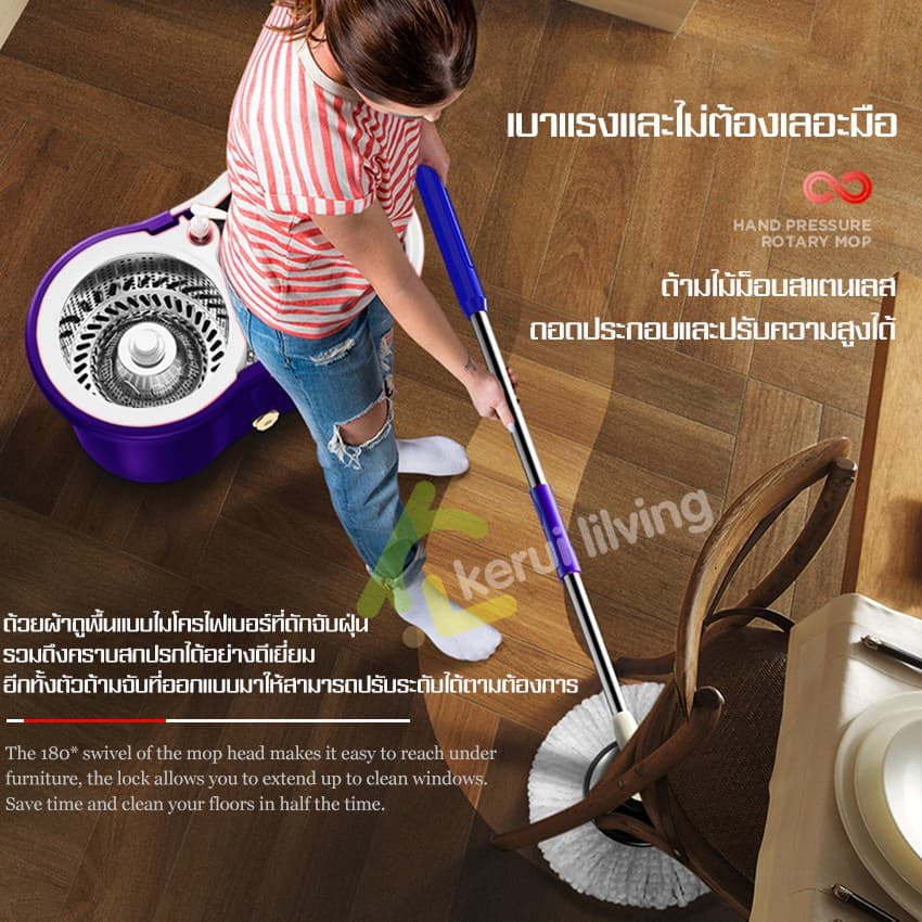 Cobbe ไม้ถูพื้นสแตนเลส ไม้ม็อบ ชุดไม้ถูพื้น พร้อมผ้าม็อบ อุปกรณ์ทำความสะอาดพื้น รูปที่ 2