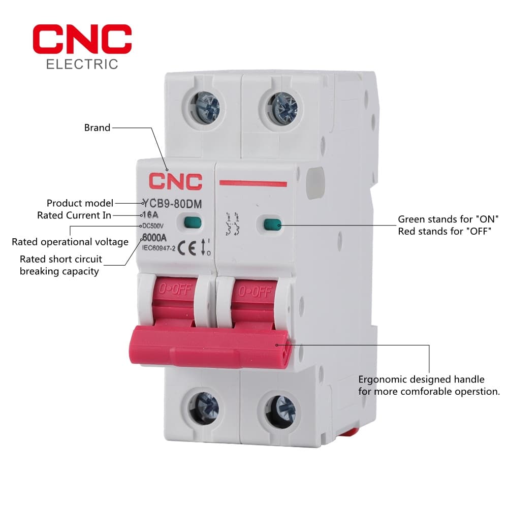 เบรกเกอร์วงจร CNC YCB9-80DM 2P DC MCB 6KA 500V 16A 20A 25A 32A 40A 50A DC MCB สําหรับระบบ PV รูปที่ 2