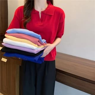 ส่งทันที Cici เสื้อแขนสั้นไหมพรม คอโปโล สีพื้น ผ้านิ่มใส่สบาย ดีไซน์เรียบๆ ทรงสวย สีสันสวย รูปที่ 3