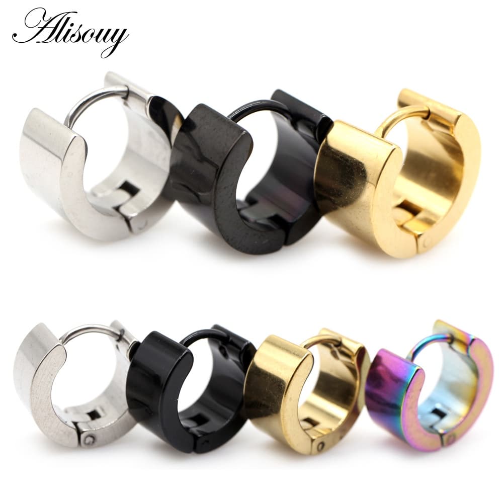 Alisouy 2 ชิ้น ต่างหูห่วงสแตนเลสสีดํา 5/6/7/9 มม. สไตล์พังก์ กอธิค ยูนิเซ็กส์ สําหรับผู้ชายและผู้หญิง เครื่องประดับ รูปที่ 1
