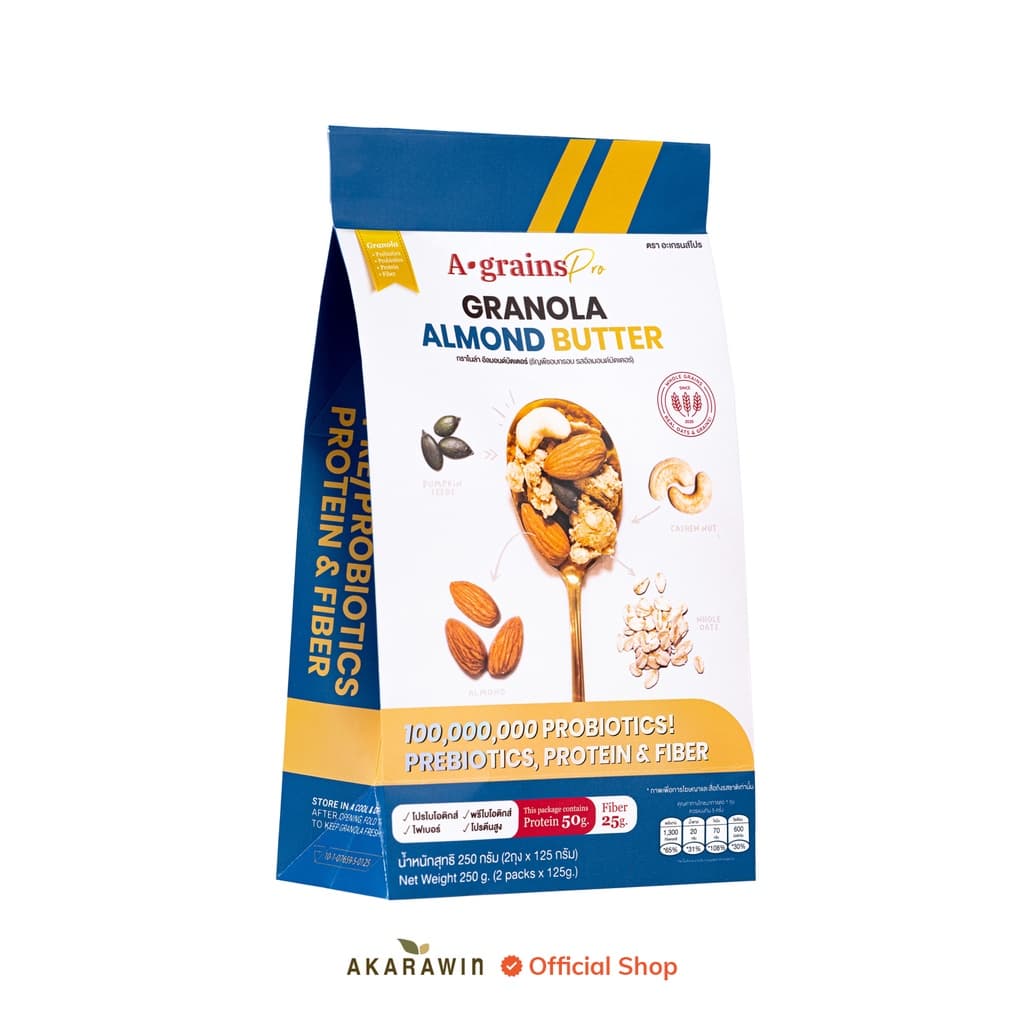 A-grains Pro กราโนล่าโปรตีน ผสมโปร/พรีไบโอติกส์ รสอัลมอนด์บัตเตอร์ บรรจุ ถุงละ 250g รูปที่ 7