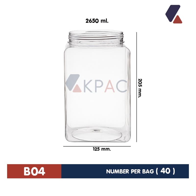 โหลพลาสติกเหลี่ยมฝาเกลียว รุ่น B04 ขนาด 2,650 ml. สั่งได้รอบละ 1 ชุด หากต้องการหลายชุดกรุณากดสั่งซื้อใหม่อีกรอบ รูปที่ 1