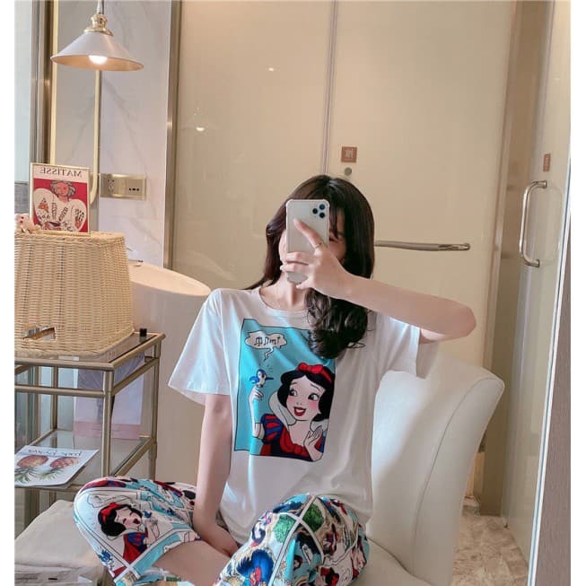 3600 เสิ้อผ้าผู้หญิง ชุดนอนลายการ์ตูนเจ้าหญิงผ้าคอตตอน 2ชิ้น เสื้อ+กางเกงเจ็ดส่วน สินค้า รูปที่ 5