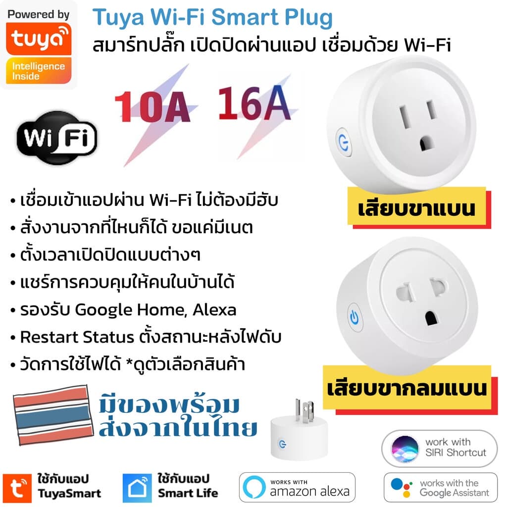 Tuya สมาร์ทปลั๊ก Wi-Fi เปิดปิด ตั้งเวลาผ่านแอป มีรุ่นวัดพลังงานได้และไม่ได้ รองรับ Google Home/Alexa