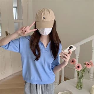ส่งทันที Cici เสื้อแขนสั้นไหมพรม คอโปโล สีพื้น ผ้านิ่มใส่สบาย ดีไซน์เรียบๆ ทรงสวย สีสันสวย รูปที่ 6