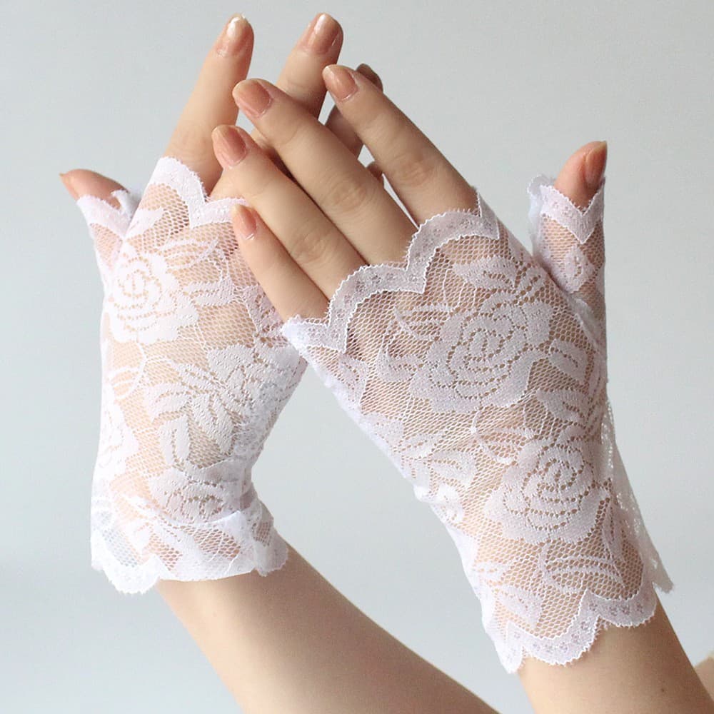 ถุงมือสั้นลายลูกไม้กุหลาบ ถุงมือแฟชั่นของผู้หญิง รูปที่ 3